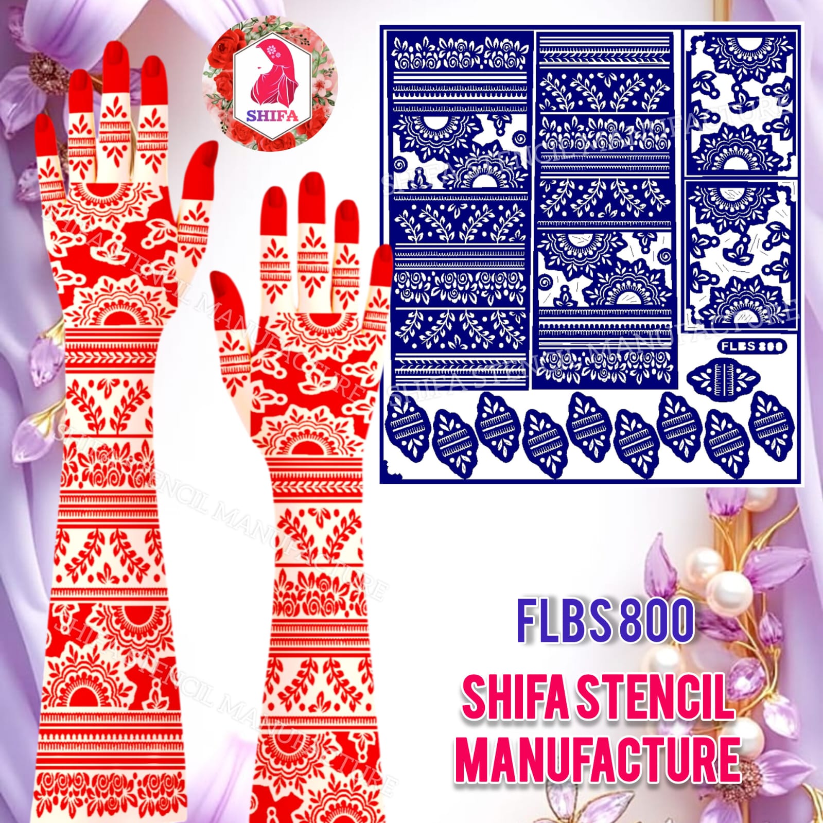 FLBS 800 Twin Blossom Edge Mehndi Sticker Overview Henna Stencil - Shifa Stencil